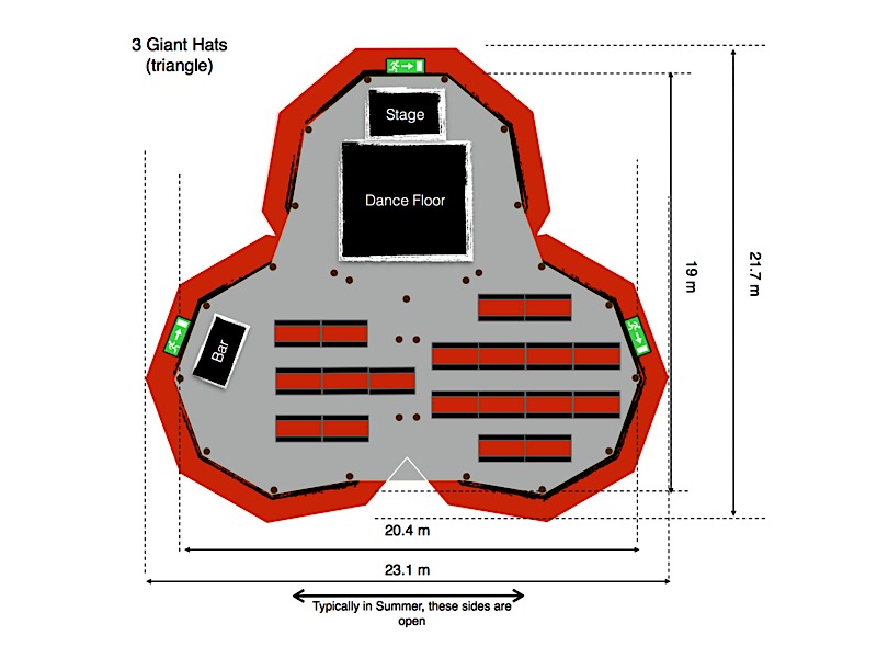 Floorplan for 1 tipi diameter of 10.3 metres, 9 sets of tables around a firepit in the centre.